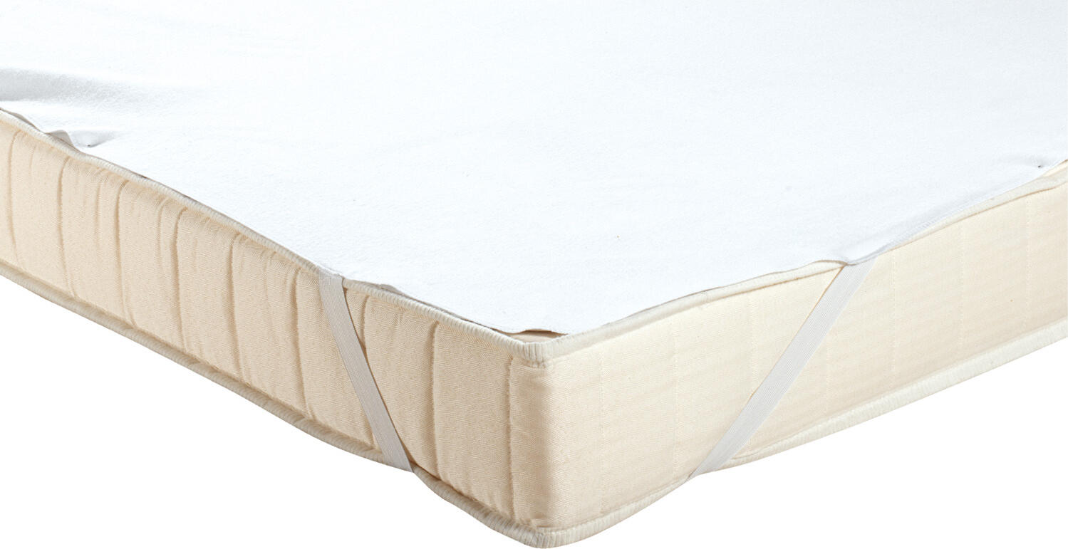 PULSIVA LUSINI Solutions GmbH Mattress protector Molton waterproof columbus Matratzenschoner Molton wasserdicht Columbus Mattress protector Molton waterproof columbus; 90x200 cm (WxL); white; 2 piece / pack Matratzenschoner Molton wasserdicht Columbus; 90x200 cm (BxL); weiß; 2 Stück / Pack Molton top: 100 % cotton, bottom: PP/PE film (90 % polypropylene, 10 % polyethylene). Weight 200 g/m², 95° wash, boil-proof. Skin-friendly mattress protector. Breathable and moisture absorbent. The underside protects the mattress from moisture. With hard-wearing stitching hem and 4 corner rubbers for optimum attachment to the mattress. Oberseite: 100 % Baumwolle (Molton). Unterseite: PP/PE Folie (90 % Polypropylen, 10 % Polyethylen). Gewicht ca. 200 g/m². Hautsympathische Oberseite. Atmungsaktiv und feuchtigkeitsabsorbierend. Die Unterseite schützt die Matratze vor Nässe. Mit strapazierfähigem Kettelsaum und vier Eckgummis zur optimalen Befestigung an der Matratze.
