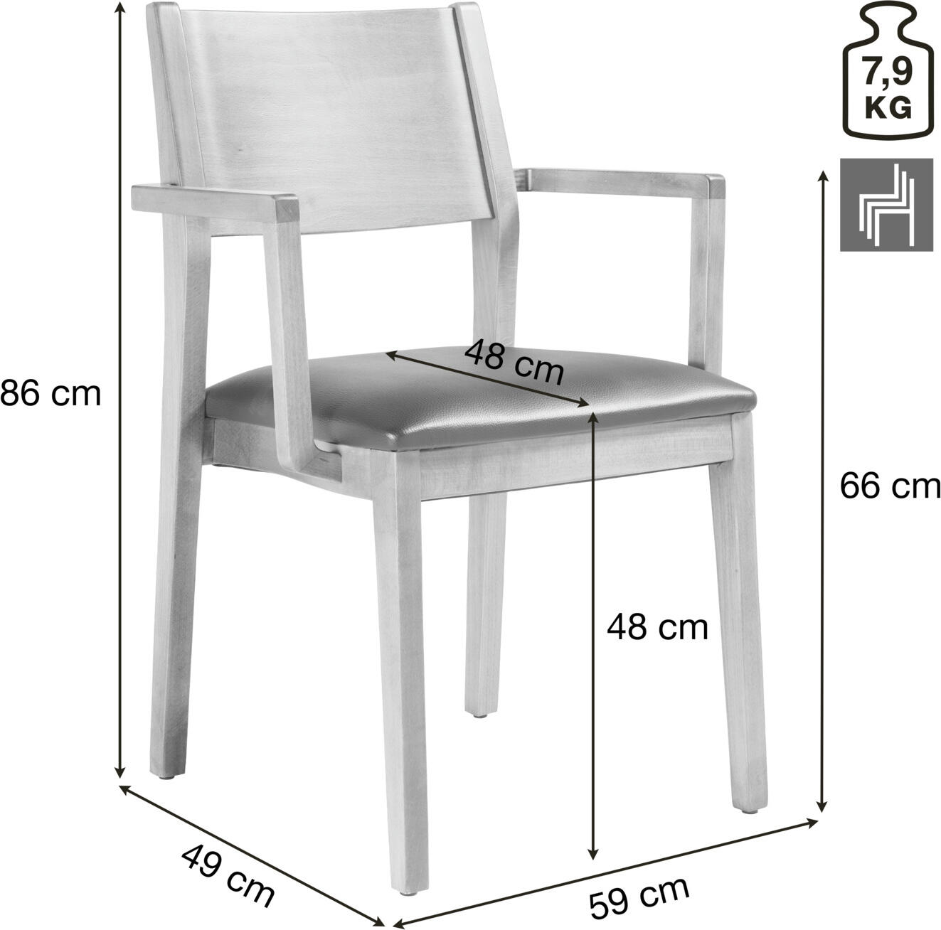 VEGA Stak Stacking Chairs Set of 2, Beech Wood Frame and Black Imitation Leather Seat with Armrests, Indoor Use, 48x51x86 cm