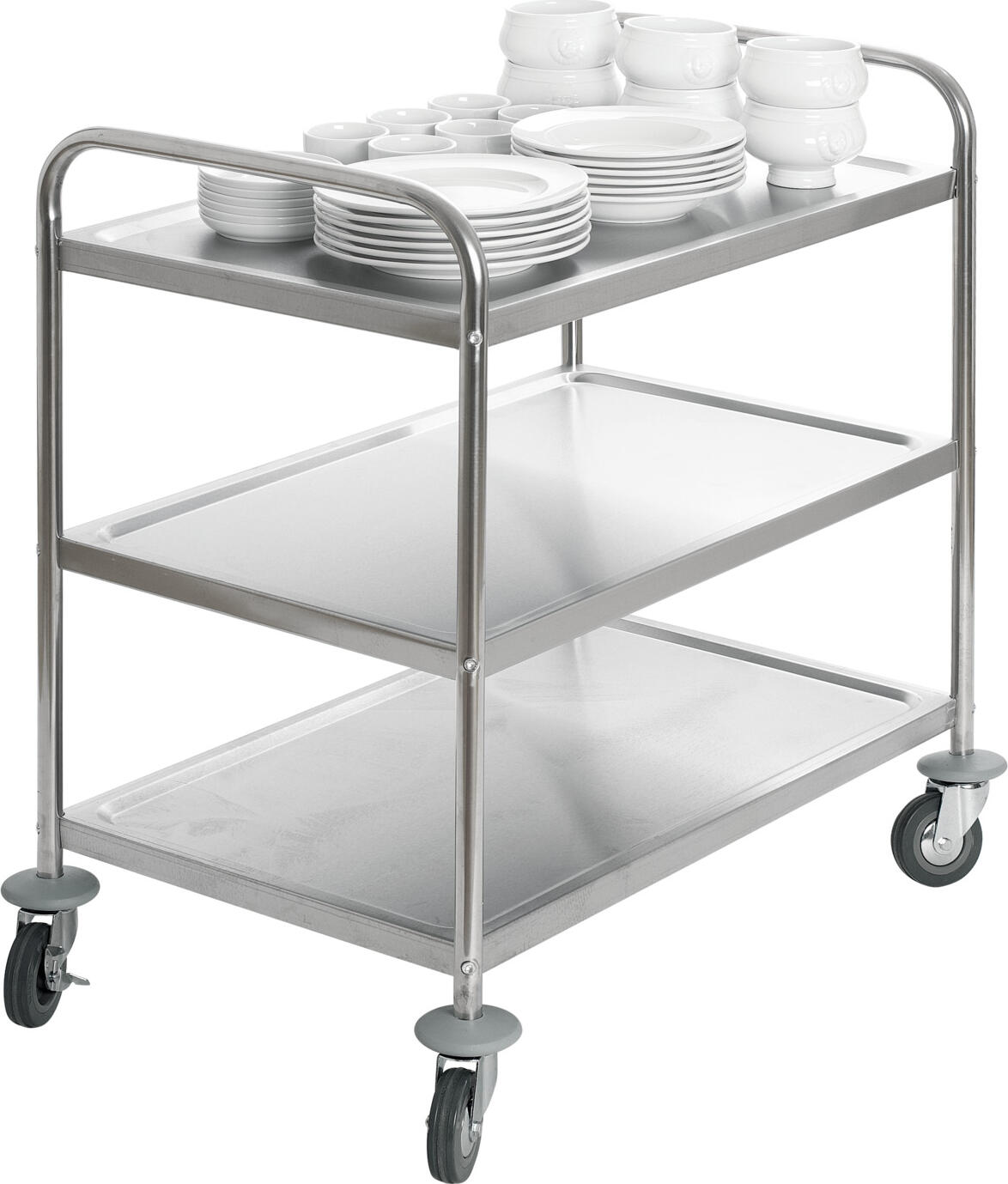 PULSIVA LUSINI Standard 2B Serving Trolley, 3 Shelves, Stainless Steel Rust-Proof Frame with Deep-Drawn Shelves, 4 Swivel Castors with Bumpers, 85x54x93 cm, Silver