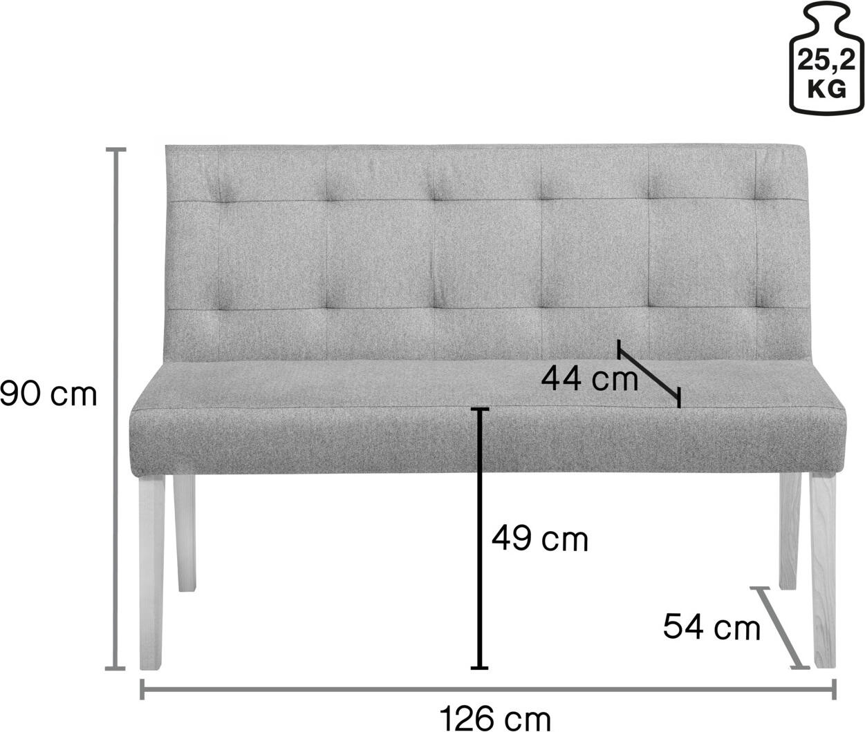 VEGA Tolga Upholstered Bench, 2 Seats, Scandinavian Style, Solid Beech Frame, Flame-Retardant Polyester Fabric, 126x55x90 cm, Retractable Backrest