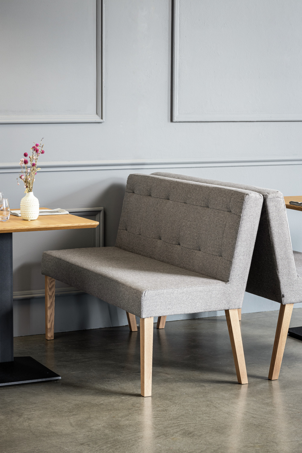 VEGA Tolga Upholstered Bench, 2 Seats, Scandinavian Style, Solid Beech Frame, Flame-Retardant Polyester Fabric, 126x55x90 cm, Retractable Backrest