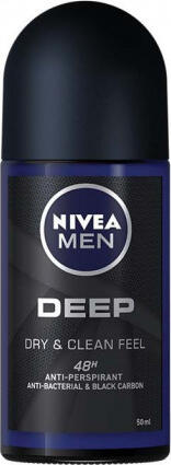 Deodorant Anti-perspirant Roll-On Nivea Men Deep Dry & Clean Feel cu Carbon Negru, Protectie Anti-bacteriana 48h, 50ml