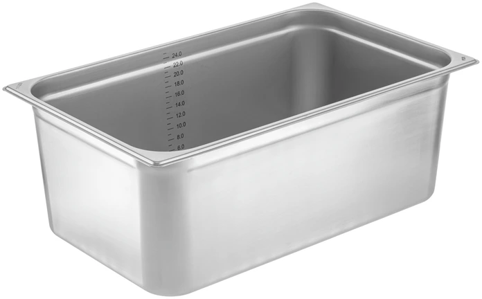 VEGA LUSINI Solutions GmbH GN container 1/1 Premium GN-Behälter 1/1 Premium GN container 1/1 Premium; GN 1/1, 25 l, 53x32.5x20 cm (LxWxD); silver GN-Behälter 1/1 Premium; GN 1/1, 25 l, 53x32.5x20 cm (LxBxT); silber GN container 1/1 made of chrome-nickel stainless steel 18/10, without drop handles. Material thickness: 0.8 mm. With stacking cams: easy disassembly of stacked GN containers. Reinforced corners and edges. Robust and easy to clean. Dishwasher safe. Stackable. Available in different sizes. From time to time it is recommended to clean with vinegar or lemon cleaner to keep the shine of the containers. GN-Behälter 1/1 aus Chrom-Nickel-Edelstahl 18/10, rostfrei, ohne Fallgriff. Materialstärke: 0,8 mm. Mit Stapelnocken: einfaches Auseinandernehmen gestapelter Gastronorm-Behälter. Verstärkte Ecken und Kanten. Robust und pflegeleicht. Spülmaschinenfest. Stapelbar. In verschiedenen Größen erhältlich. Von Zeit zu Zeit empfiehlt sich die Reinigung mit Essig- oder Zitronenreiniger um den Glanz der Behälter zu erhalten.