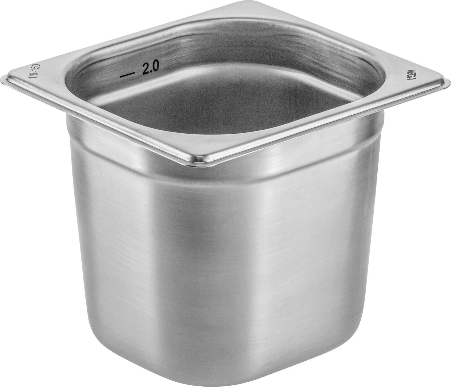 VEGA LUSINI Solutions GmbH GN container 1/6 Premium GN-Behälter 1/6 Premium GN container 1/6 Premium; GN 1/6, 2 l, 17.6x16.2x15 cm (LxWxD); silver GN-Behälter 1/6 Premium; GN 1/6, 2 l, 17.6x16.2x15 cm (LxBxT); silber GN container 1/6 made of chrome-nickel stainless steel 18/10, without drop handles. Material thickness: 0.8 mm. With stacking cams: easy disassembly of stacked GN containers. Reinforced corners and edges. Robust and easy to clean. Dishwasher safe. Stackable. Available in different sizes. From time to time it is recommended to clean with vinegar or lemon cleaner to keep the shine of the containers. GN-Behälter 1/6 aus Chrom-Nickel-Edelstahl 18/10, rostfrei, ohne Fallgriff. Materialstärke: 0,8 mm. Mit Stapelnocken: einfaches Auseinandernehmen gestapelter Gastronorm-Behälter. Spülmaschinengeeignet. Von Zeit zu Zeit empfiehlt sich die Reinigung mit Essig- oder Zitronenreiniger um den Glanz der Behälter zu erhalten.