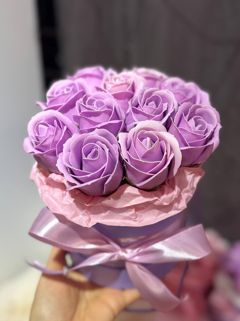 Artificial Rose Bouquet Set of 11 Purple Roses in Round Hat-Box with Satin Ribbon Bow and Tissue Paper Lining