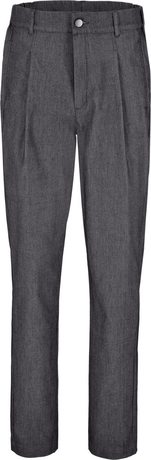 JOBELINE LUSINI Solutions GmbH Men's chef trousers  Joggfit mottled Herren Kochhose  Joggfit meliert Men's chef trousers  Joggfit mottled; Size 56; grey mottled Herren Kochhose  Joggfit meliert; Kleidergröße 56; grau meliert 51% cotton, 46% polyester, 3% elastane. 200 g/m². 60°C wash. Modern men’s chef’s trousers with pleats at the waist, made from a breathable and slightly stretchy technical fabric. Featuring comfortable stretch cuffs at the sides, two piped back pockets and side slit pockets. The waistband has belt loops and a classic button fastening. Comfortable rise with tapered legs. Inside leg length: 79 cm in size 50. 51 % Baumwolle, 46 % Polyester, 3 % Elasthan. 200 g/m². 60°-Wäsche. Moderne Kochhose mit Bundfalte für Herren aus einem atmungsaktivem und leicht elastischem Funktionsgewebe. Mit komfortablem Dehnbündchen an den Seiten, zwei paspelierten Gesäßtaschen und seitlichen Einschubtaschen. Der Bund hat Gürtelschlaufen und einen klassischen Knopfverschluss. Bequeme Leibhöhe mit schmal zulaufendem Bein. Innenbeinlänge: 79 cm in Gr. 50