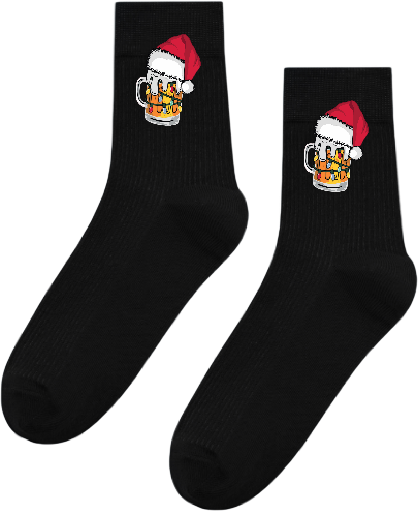 Șosete de Crăciun pentru Bărbați, Negre cu Grafică cu Cană de Bere, Căciulă de Moș Crăciun și Lumini Festive, Set de 1 Pereche