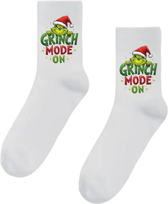 Grinch Mode On Christmas Socks for Men, White Graphic Holiday Socks with Santa Hat Design