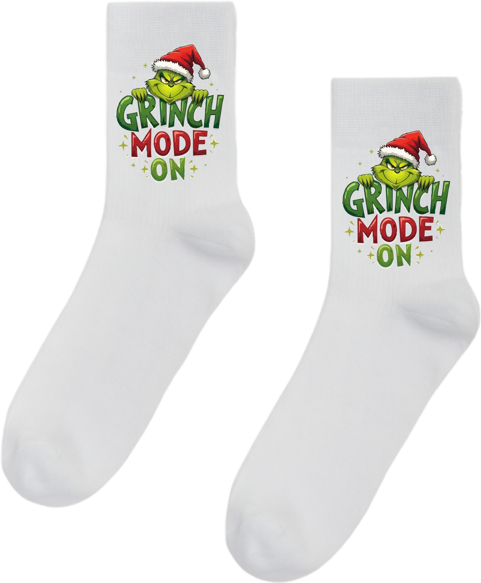 Grinch Mode On Christmas Socks for Men, White Graphic Holiday Socks with Santa Hat Design