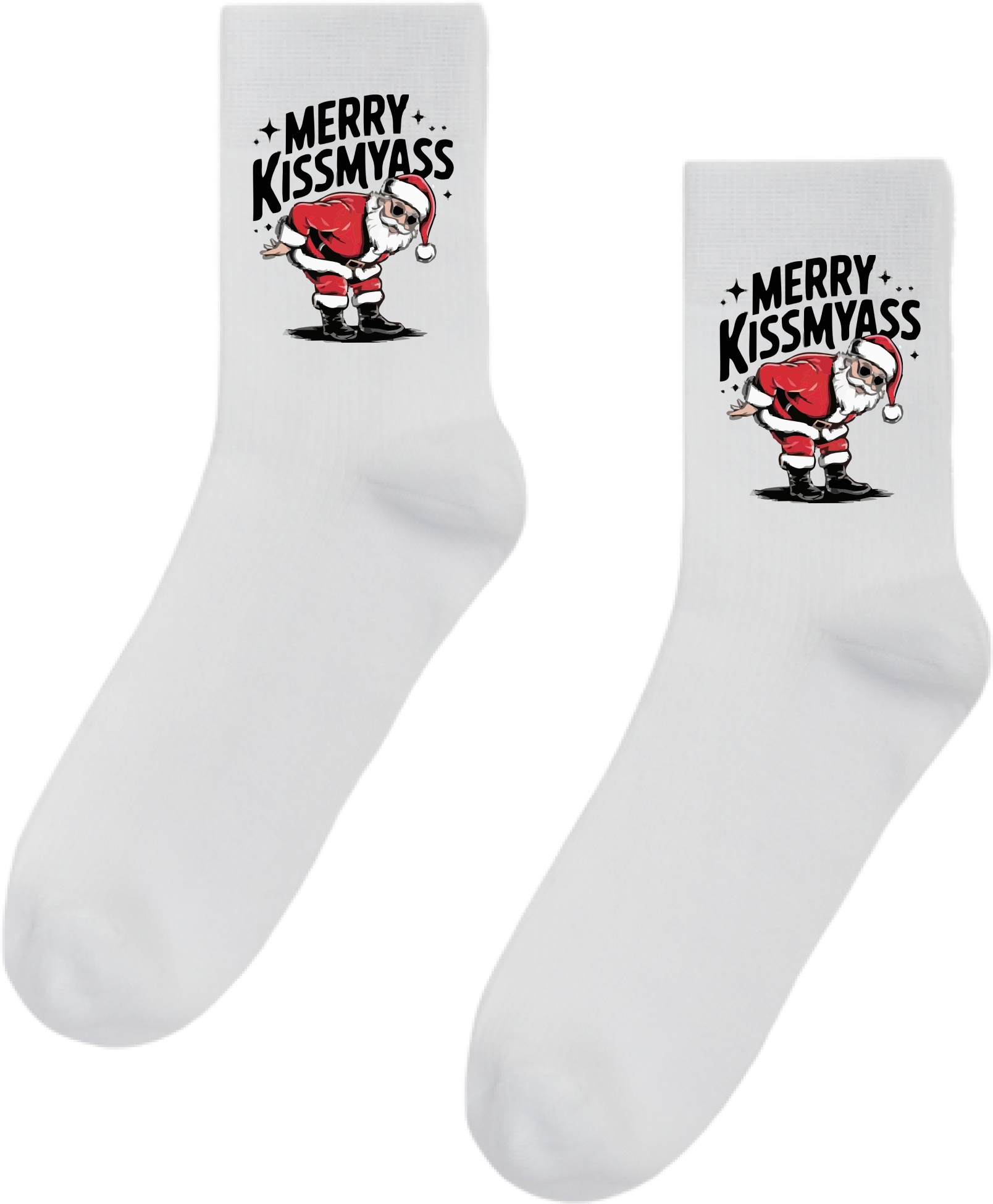 Merry Kissmyass Humorous Novelty Christmas Socks, White with Santa Claus Sunglasses Graphic, Funny Holiday Theme
