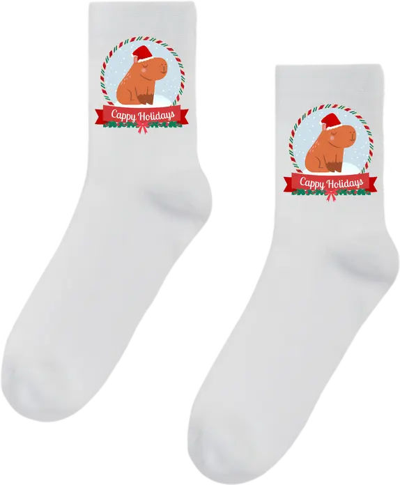 Cappy Holidays Capybara Christmas Socks for Men, White Graphic Socks with Santa Hat Capybara and Wreath, 1 Pair