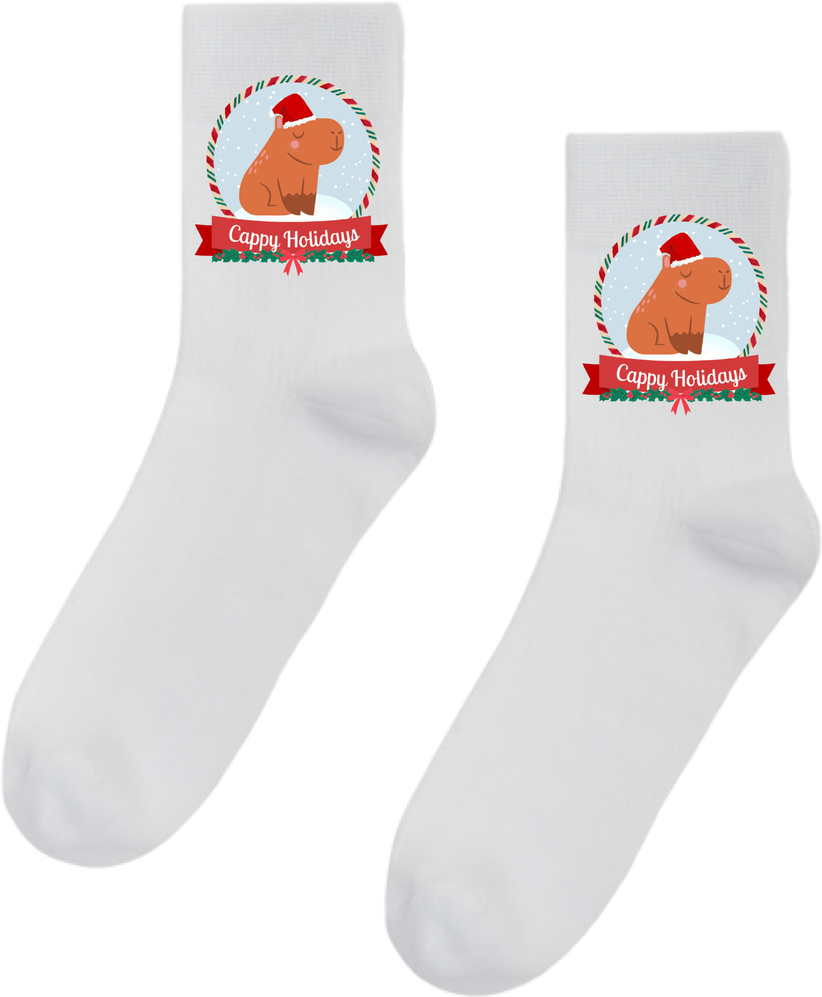 Cappy Holidays Capybara Christmas Socks for Men, White Graphic Socks with Santa Hat Capybara and Wreath, 1 Pair