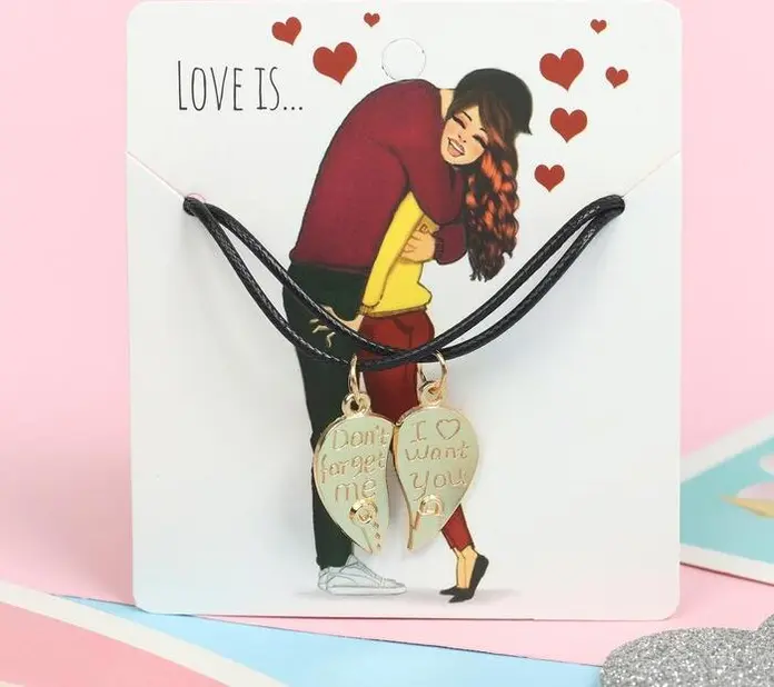 Couple Heart Pendants Set of 2, Gold-Colored Split Heart Necklaces with Don't Forget Me and I Want You Inscriptions, Black Adjustable Cords