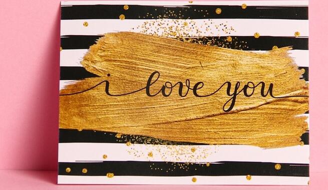 Small Greeting Card 6-8 cm with I Love You Cursive Text, Gold Brushstroke and Glitter Design