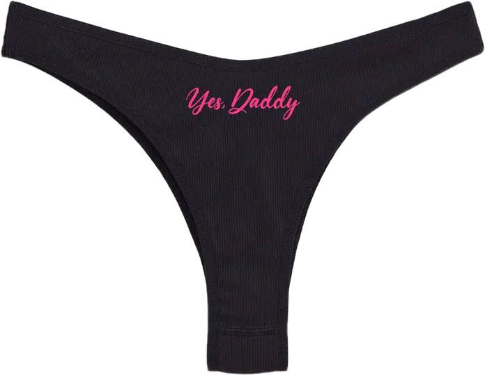 Chilot Thong din Material Ribbed pentru Femei Yes Daddy, Negru cu Text Roz, Lenjerie Intima