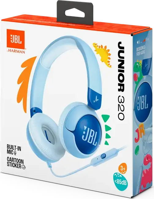Casca JBL Junior 320 (JR320) On-Ear cu Fir pentru Copii, Albastru și Alb, Difuzoare Dinamice de 32mm, Limitare Volum 85dB, Microfon Integrat, Design Pliabil, Jack 3.5mm