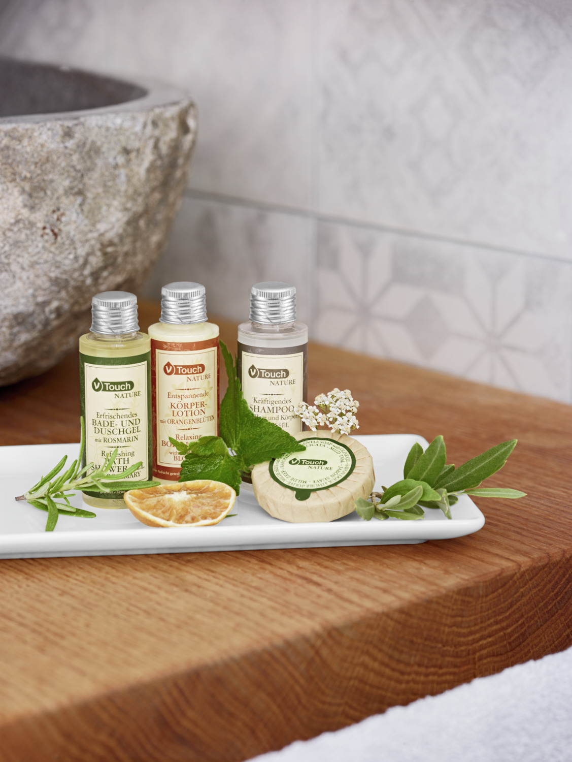 V-Touch Nature Hotel Bath and Shower Gel with Rosemary Extracts, pH-Neutral, 40 ml, Set of 216 Pieces