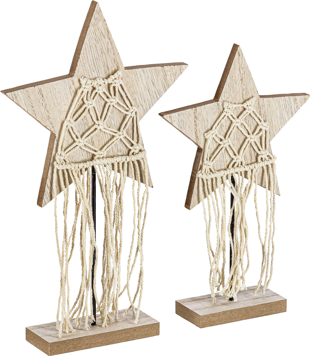 Stele decorative LUSINI Katana, Set de 2 piese, Decoratiuni de Craciun din lemn și bumbac macrame, Maro, 15x25cm si 18x30.5cm