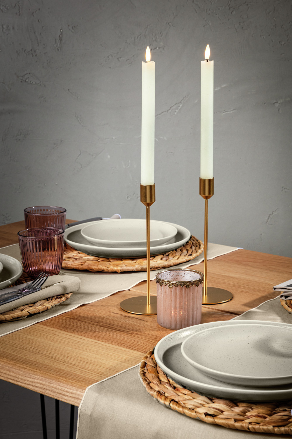 Vega Ajala Tealight Holder Set of 6, Ribbed Glass with Gold Rim, Rose Lilac, 7x8 cm