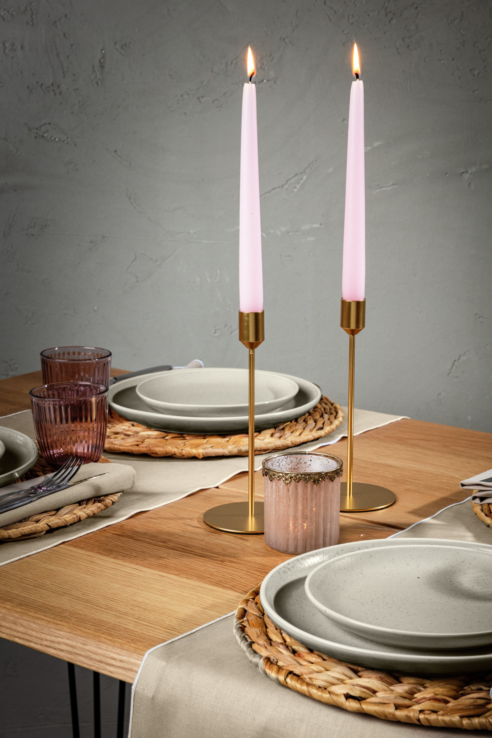 Vega Ajala Tealight Holder Set of 6, Ribbed Glass with Gold Rim, Rose Lilac, 7x8 cm