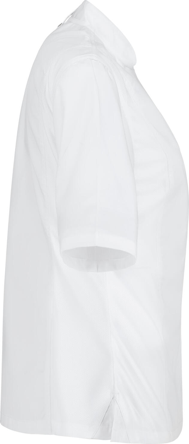 JOBELINE LUSINI Solutions GmbH Women's chef's jacket Carter short-sleeved Damen Kochjacke Carter Kurzarm Women's chef's jacket Carter short-sleeved; Size 38; white Damen Kochjacke Carter Kurzarm; Kleidergröße 38; weiß 65 % polyester, 35 % cotton. 150 g/m². 60 °C wash. Short-sleeved women's chef jacket made of extra-lightweight but sturdy fabric. With stand-up collar, breathable mesh inserts on the side, two-section upper arm pocket and bib apron loop in the neck. Closes with snaps in a concealed snap placket.  Slightly waisted cut. Back length: 68 cm for size 36. 65 % Polyester, 35 % Baumwolle. 150 g/m². 60°-Wäsche Kurzärmlige Damenkochjacke aus extra leichtem, aber robustem Gewebe. Mit Stehkragen, atmungsaktiven Mesh-Einsätzen an der Seite, zweigeteilter Oberarmtasche und Latzschürzenschlaufe im Nacken. Verschließbar mit Druckknöpfen in einer verdeckten Druckknopfleiste.  Leicht tailliert geschnitten. Rückenlänge: 68 cm in Gr. 36
