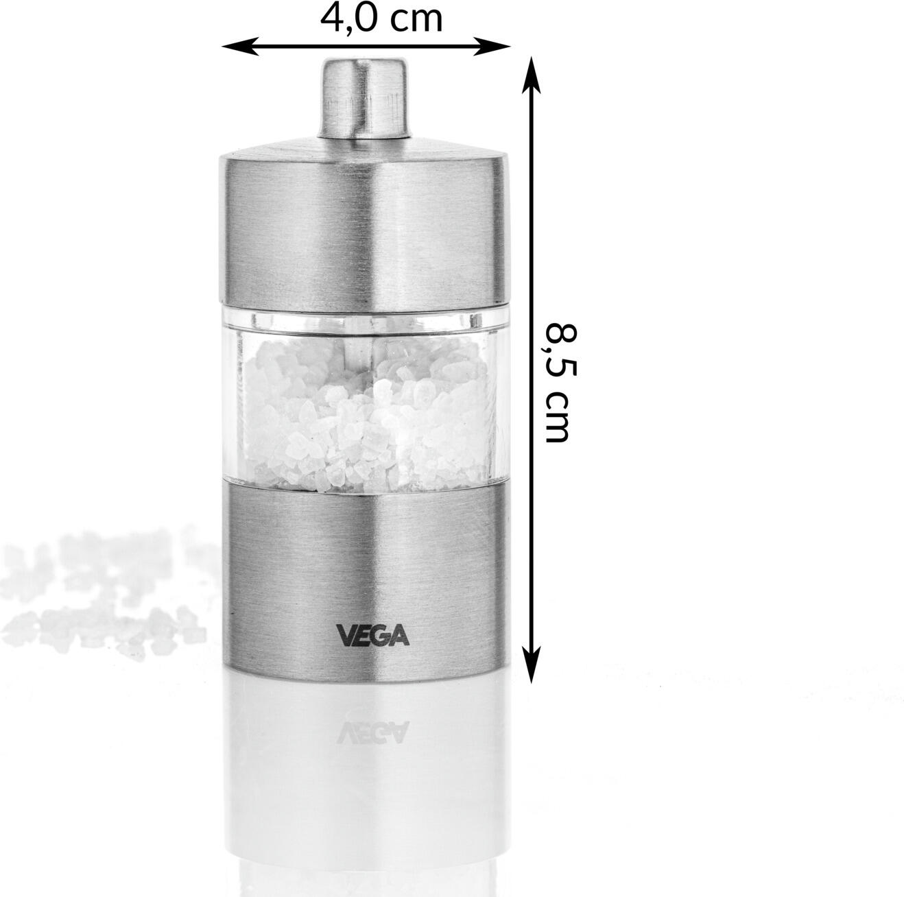 VEGA Moreno Salt and Pepper Mill Set of 2 Pieces, Stainless Steel 18/10 and Acrylic Glass, Ceramic Grinding Mechanism, Silver, 4x8.5 cm