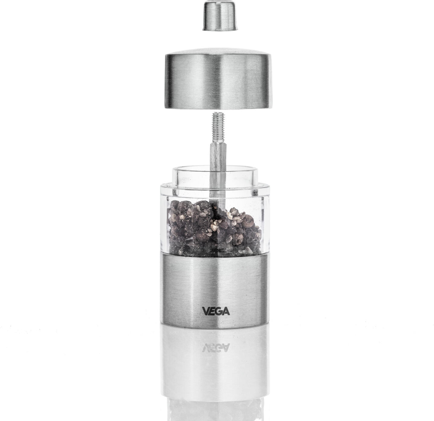 VEGA Moreno Salt and Pepper Mill Set of 2 Pieces, Stainless Steel 18/10 and Acrylic Glass, Ceramic Grinding Mechanism, Silver, 4x8.5 cm