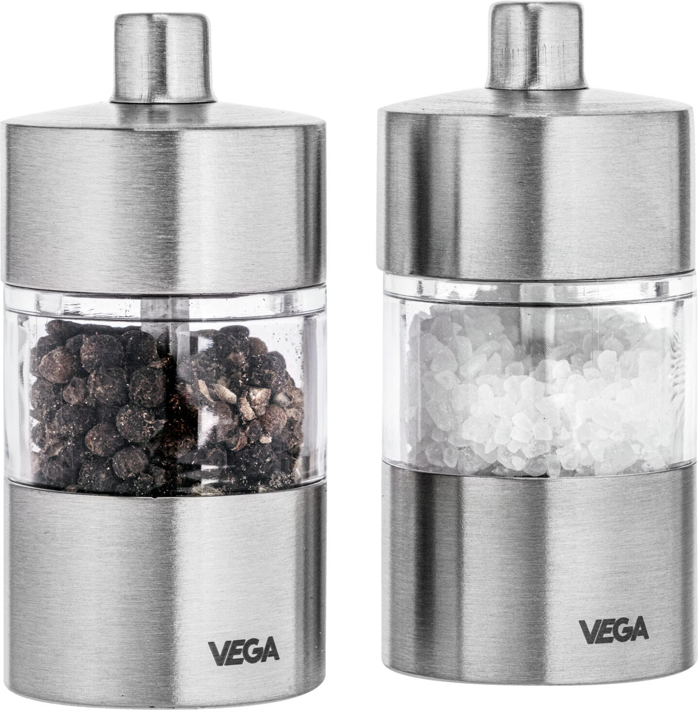 VEGA Moreno Salt and Pepper Mill Set of 2 Pieces, Stainless Steel 18/10 and Acrylic Glass, Ceramic Grinding Mechanism, Silver, 4x8.5 cm