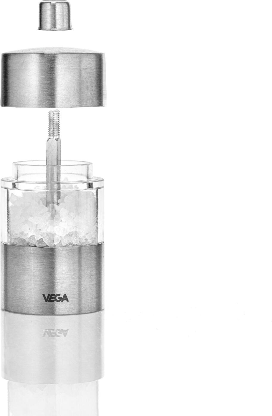 VEGA Moreno Salt and Pepper Mill Set of 2 Pieces, Stainless Steel 18/10 and Acrylic Glass, Ceramic Grinding Mechanism, Silver, 4x8.5 cm