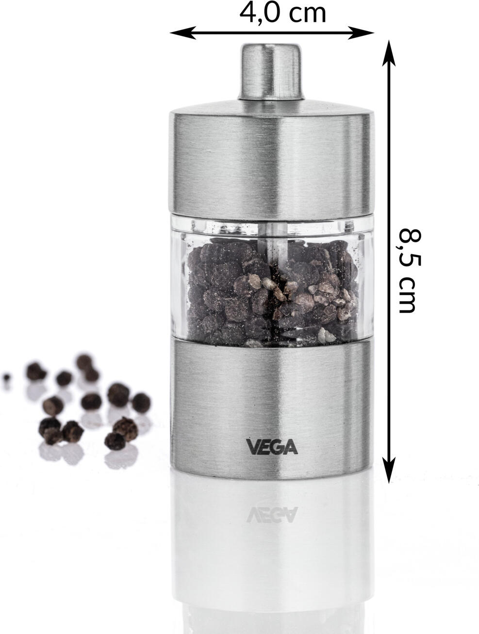VEGA Moreno Salt and Pepper Mill Set of 2 Pieces, Stainless Steel 18/10 and Acrylic Glass, Ceramic Grinding Mechanism, Silver, 4x8.5 cm