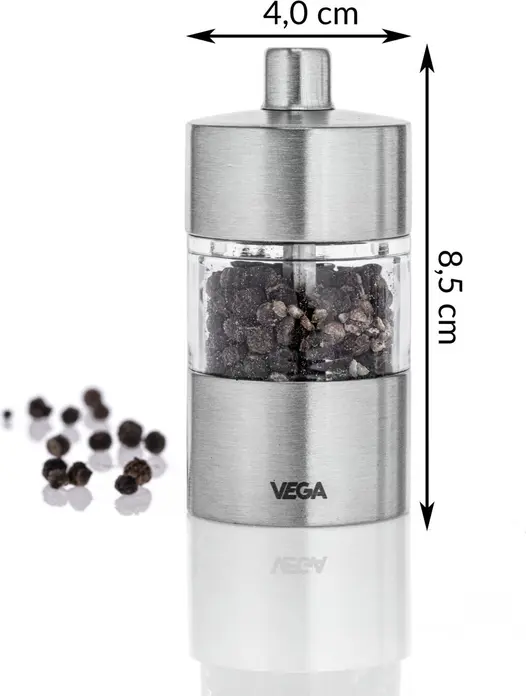 VEGA Moreno Salt and Pepper Mill Set of 2 Pieces, Stainless Steel 18/10 and Acrylic Glass, Ceramic Grinding Mechanism, Silver, 4x8.5 cm