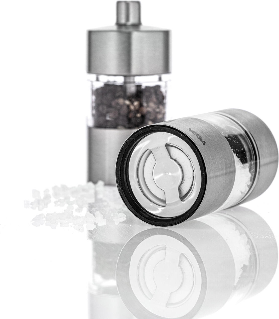 VEGA Moreno Salt and Pepper Mill Set of 2 Pieces, Stainless Steel 18/10 and Acrylic Glass, Ceramic Grinding Mechanism, Silver, 4x8.5 cm