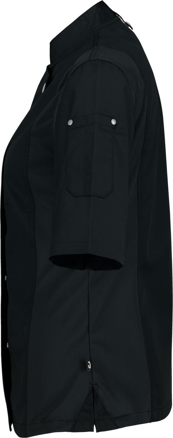 JOBELINE LUSINI Solutions GmbH Women's chef's jacket Carter short-sleeved Damen Kochjacke Carter Kurzarm Women's chef's jacket Carter short-sleeved; Size 48; black Damen Kochjacke Carter Kurzarm; Kleidergröße 48; schwarz 65 % polyester, 35 % cotton. 150 g/m². 60 °C wash. Short-sleeved women's chef jacket made of extra-lightweight but sturdy fabric. With stand-up collar, breathable mesh inserts on the side, two-section upper arm pocket and bib apron loop in the neck. Closes with snaps in a concealed snap placket.  Slightly waisted cut. Back length: 68 cm for size 36. 65 % Polyester, 35 % Baumwolle. 150 g/m². 60°-Wäsche Kurzärmlige Damenkochjacke aus extra leichtem, aber robustem Gewebe. Mit Stehkragen, atmungsaktiven Mesh-Einsätzen an der Seite, zweigeteilter Oberarmtasche und Latzschürzenschlaufe im Nacken. Verschließbar mit Druckknöpfen in einer verdeckten Druckknopfleiste.  Leicht tailliert geschnitten. Rückenlänge: 68 cm in Gr. 36