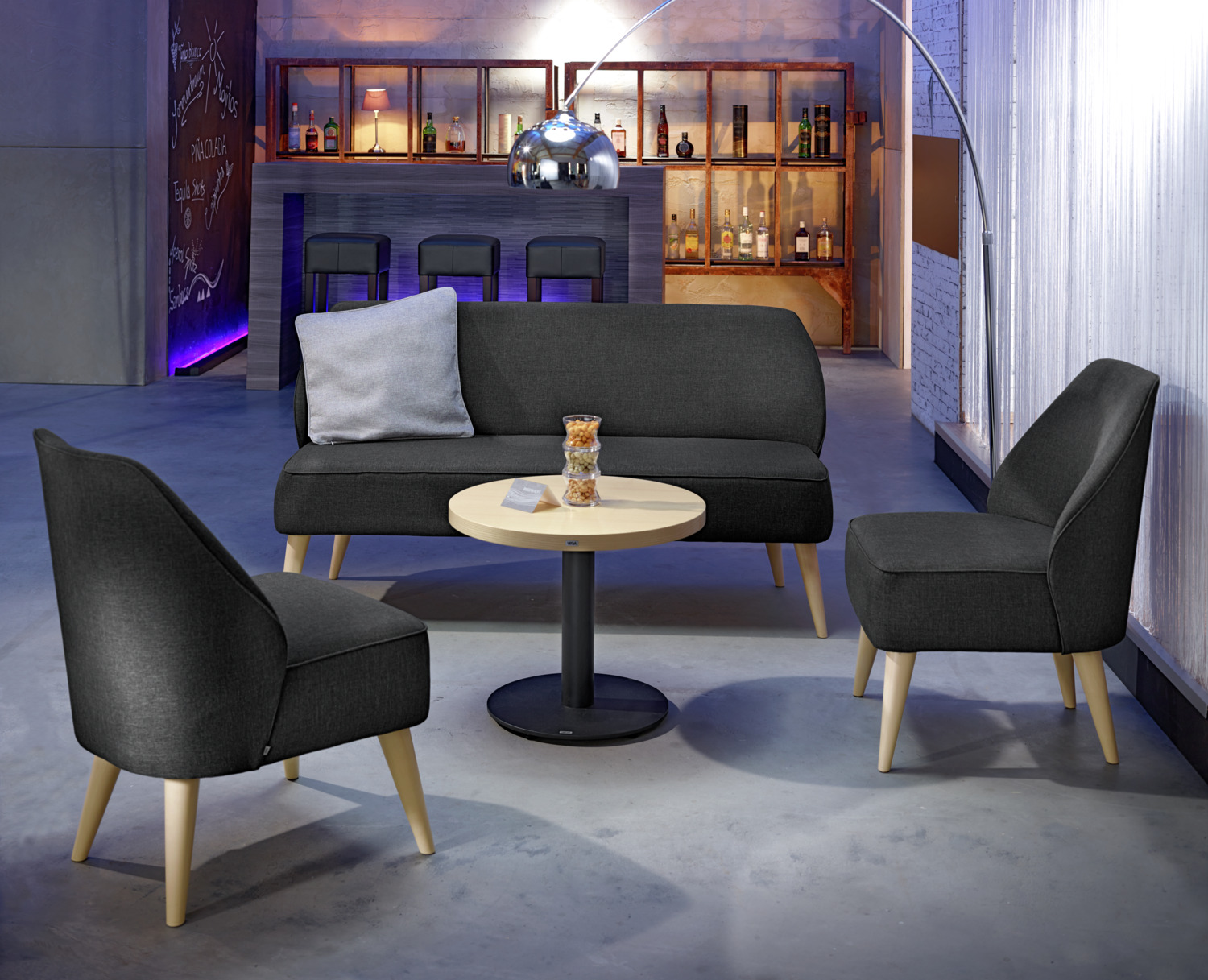 VEGA Lasse Lounge Armchair, Modern Classic Style, Anthracite Mottled Grey Polyester Fabric, Wood Base, 54x60x82 cm, Max Load 160 kg