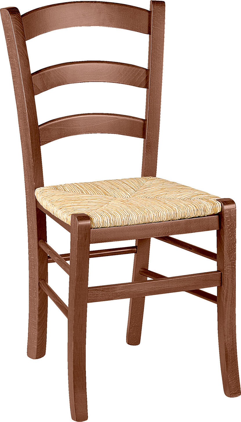 PULSIVA Herakles 2 Basic Farmhouse Chairs, Solid Lacquered Beech Wood and Natural Rush Wickerwork, Walnut, Set of 2