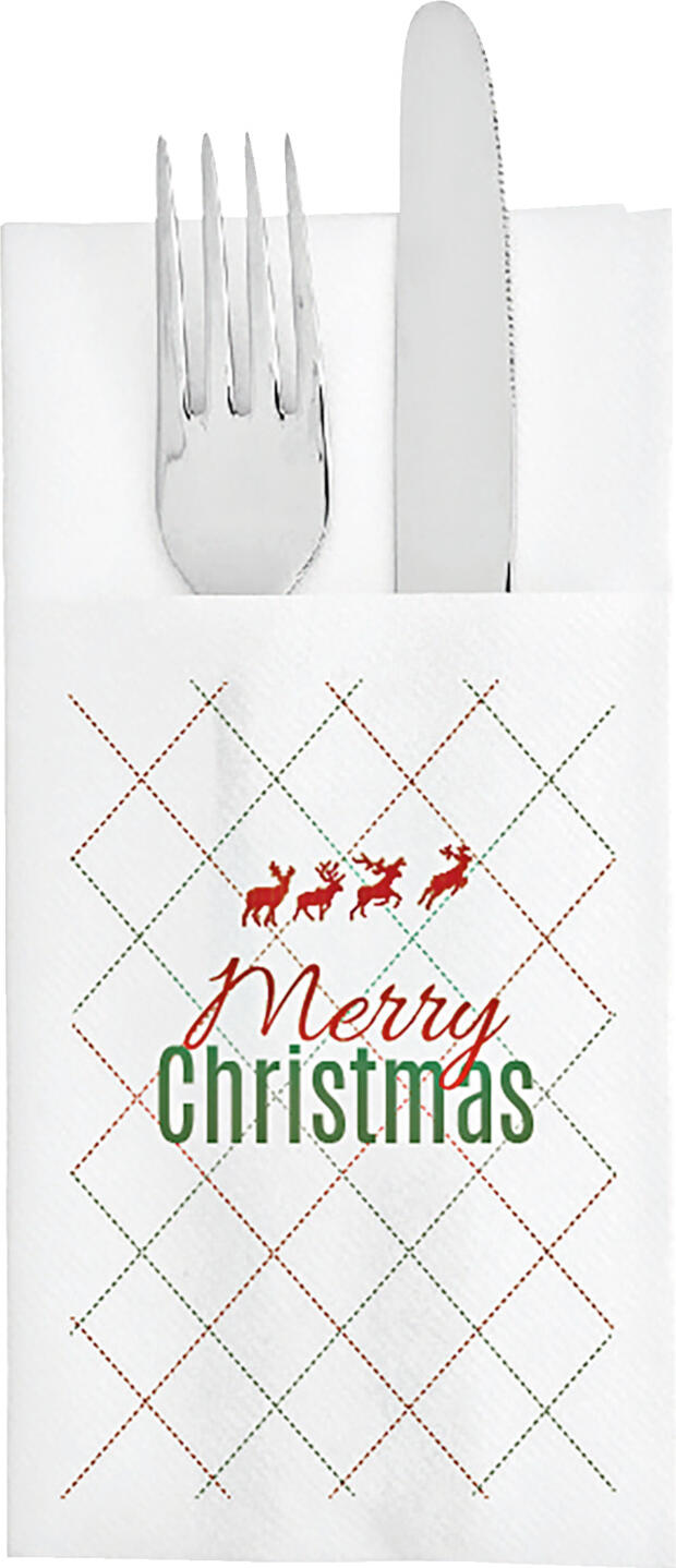GARCIA DE POU Garcia De Pou, S.A. Cutlery bag Chiani Bestecktasche Chiani Cutlery bag Chiani; 10x20 cm (WxL); white/green/red; 50 piece / pack Bestecktasche Chiani; 10x20 cm (BxL); weiß/grün/rot; 50 Stück / Pack High-quality cutlery bags made of fabric-like material. Christmas design. 40x40 cm unfolded. Material: Air-laid paper (55 g/m²) Bestecktaschen mit Textilcharakter in hochwertiger Qualität. Im Weihnachtsdesign. Aufgefaltet 40x40 cm. Material: Airlaid (55g/m²)