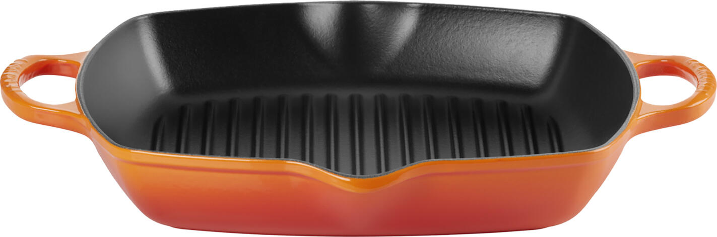 Tiga Grill Patrata Le Creuset Signature, Fonta Emailata, 30 x 30 cm, Email Portocaliu, Compatibila cu Inductie, Fabricata in Franta