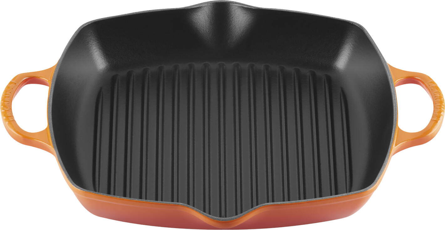 Tiga Grill Patrata Le Creuset Signature, Fonta Emailata, 30 x 30 cm, Email Portocaliu, Compatibila cu Inductie, Fabricata in Franta