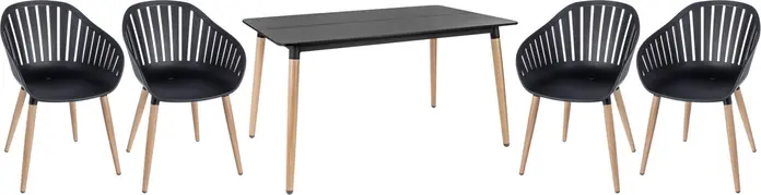 Set de mobilier exterior Vega Gimani de 5 piese, 1 masa 130x80x72cm si 4 scaune, picioare din aluminiu vopsit electrostatic aspect lemn, blat Duraboard, Negru