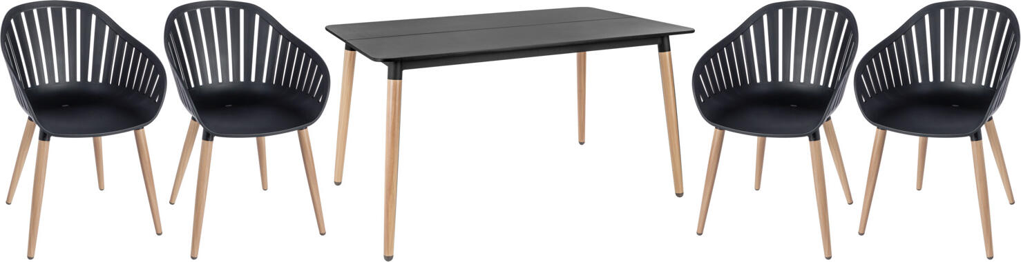 Set de mobilier exterior Vega Gimani de 5 piese, 1 masa 130x80x72cm si 4 scaune, picioare din aluminiu vopsit electrostatic aspect lemn, blat Duraboard, Negru