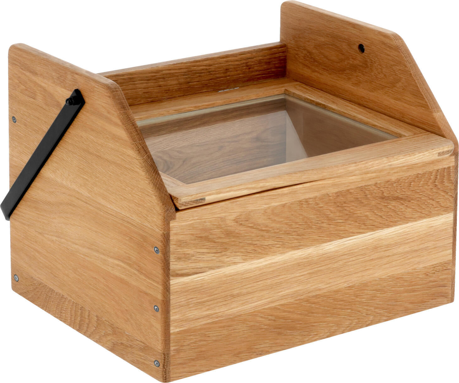 Cutie pentru toast VEGA Esino cu capac din sticla acrilica, lemn de stejar si otel vopsit in praf, 31.7 x 24 x 22 cm, Maro/Negru