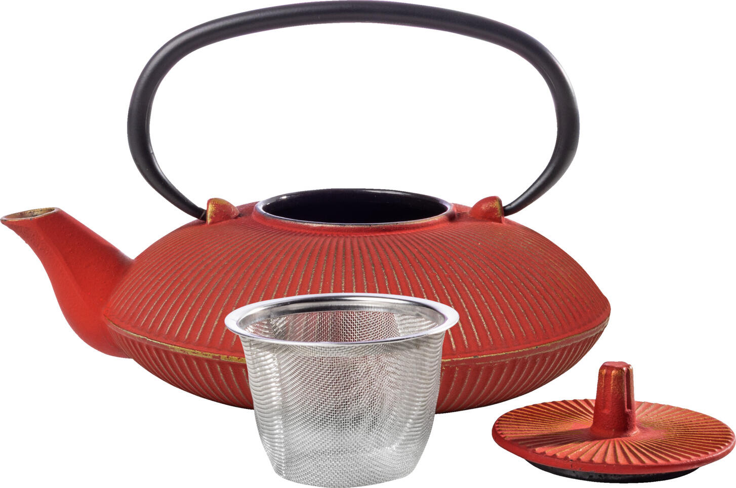 Set de 3 piese ceainic din fonta VEGA Ming, culoare roșu, 750ml cu interior emailat, forma rotunda cu textura nervata, include sita din otel inoxidabil si capac