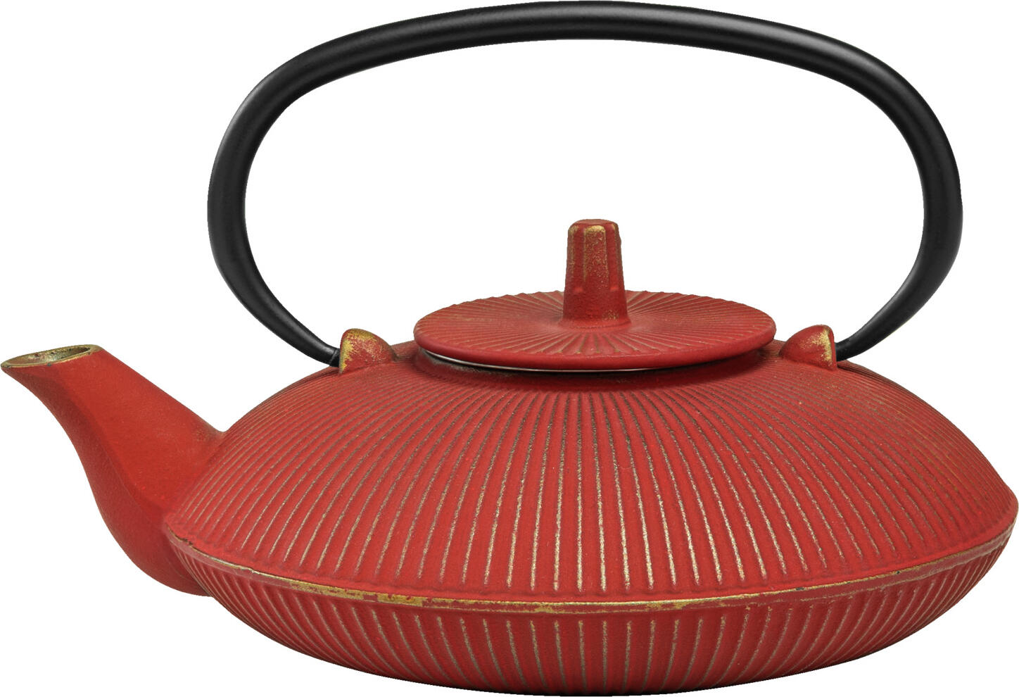 Set de 3 piese ceainic din fonta VEGA Ming, culoare roșu, 750ml cu interior emailat, forma rotunda cu textura nervata, include sita din otel inoxidabil si capac