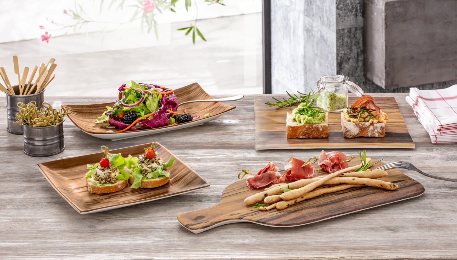 Vega Grenada Rectangular Melamine Platter Set of 6, Wood Look Acacia Brown, Break-Resistant and Dishwasher Safe, 43 x 28.5 x 1 cm