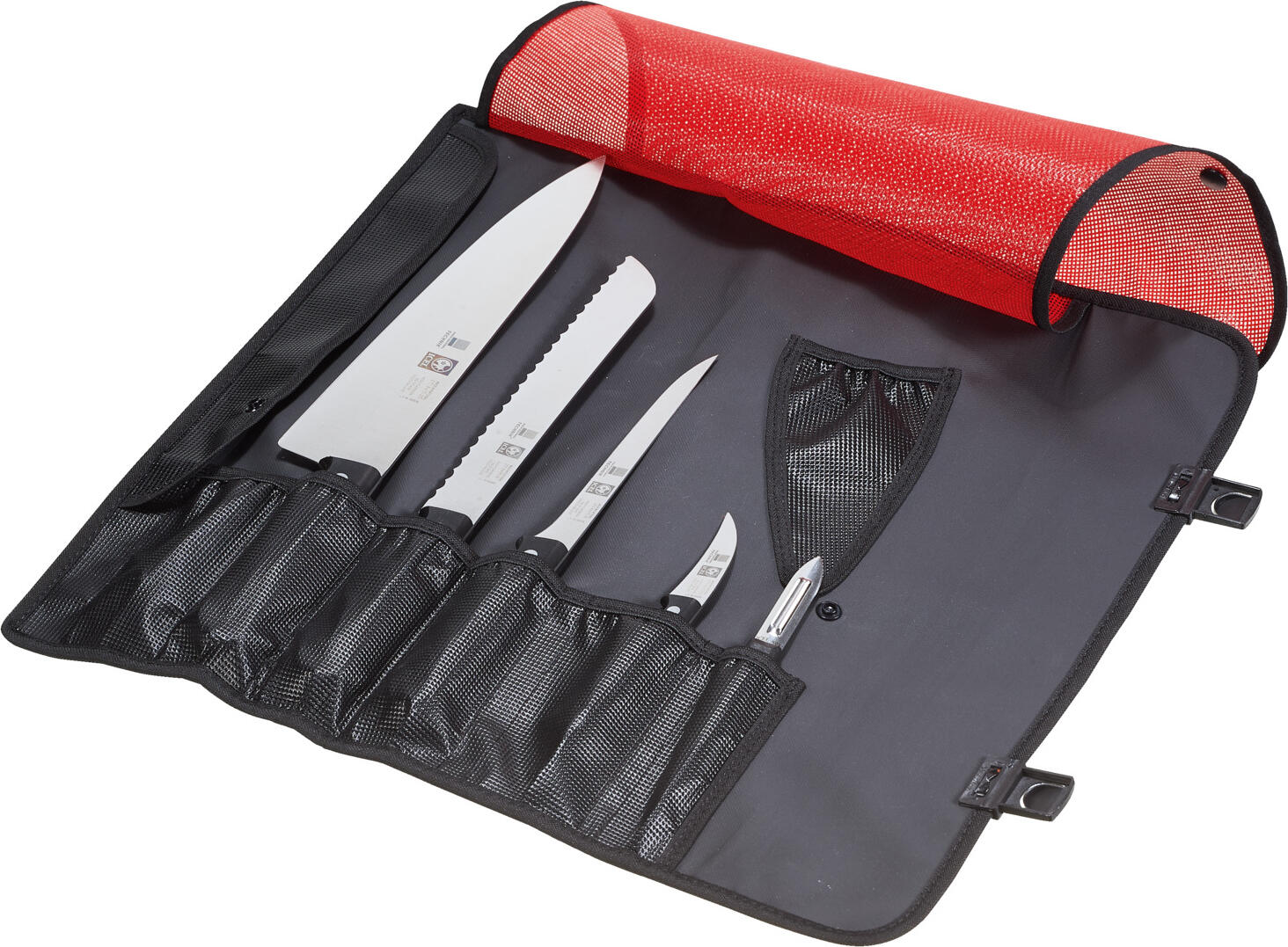 PULSIVA LUSINI Solutions GmbH Professional knife set POM pack of 6 Profi Messerset POM 6er Pack Professional knife set POM pack of 6; black Profi Messerset POM 6er Pack; schwarz High-quality plastic knife bag filled with standard chef's knives made of corrosion-resistant chrome-molybdenum-vanadium steel in the alloy X50CrMoV15 and handle made of POM plastic (polyoxymethylene) - triple riveted. Incl. chef's knife with blade length 25 cm, bread knife with blade length 20 cm, filleting knife with blade length 15 cm, utility knife with blade length 10 cm, paring knife with blade length 6.5 cm and peeler with blade length 6 cm. Hochwertige Messertasche aus Kunststoff befüllt mit gängigen Kochmessern aus korrosionsbeständigem Chrom-Molybdän-Vanadium Stahl in der Legierung X50CrMoV15 und Griff aus POM Kunststoff (Polyoxymethylen) - dreifach genietet. Inkl. Kochmesser mit Klingenlänge 25 cm, Brotmesser mit Klingenlänge 20 cm, Filetiermesser Klingenlänge 15cm, Allzweckmesser Klingenlänge 10 cm, Schälmesser mit Klingenlänge 6,5 cm und Sparschäler mit Klingenlänge 6 cm.