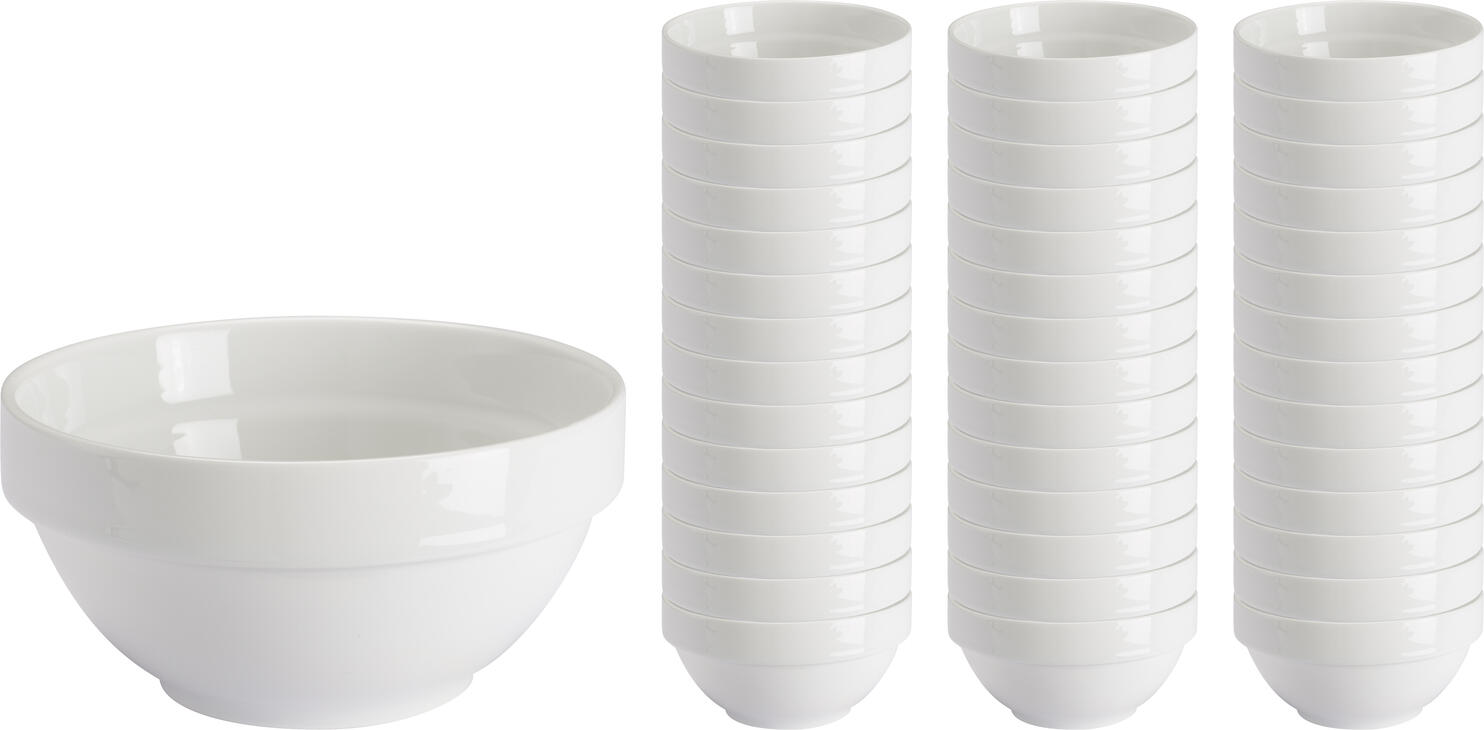 PULSIVA LUSINI Solutions GmbH Value pack porcelain bowl Sao Paulo 42 pieces Vorteilspack Porzellan-Schüssel Sao Paulo 42-teilig Value pack porcelain bowl Sao Paulo 42 pieces; 200 ml, 10.5x5.3 cm (ØxH); white; round; 42 piece / pack Vorteilspack Porzellan-Schüssel Sao Paulo 42-teilig; 200 ml, 10.5x5.3 cm (ØxH); weiß; rund; 42 Stück / Pack Simple white porcelain bowl in classic round shape. Stackable, microwaveable and dishwasher safe. Weiße Schale aus Porzellan. Klassische Form in verschiedenen Größen. Spülmaschinenfest und mikrowellengeeignet.