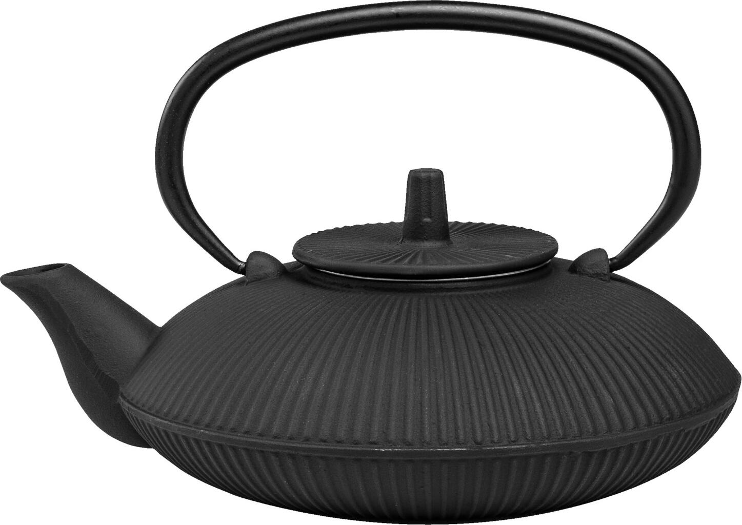Set de 3 piese ceainic din fonta VEGA Ming, culoare Negru, 750ml cu interior emailat, forma rotunda cu textura nervata, include sita din otel inoxidabil si capac
