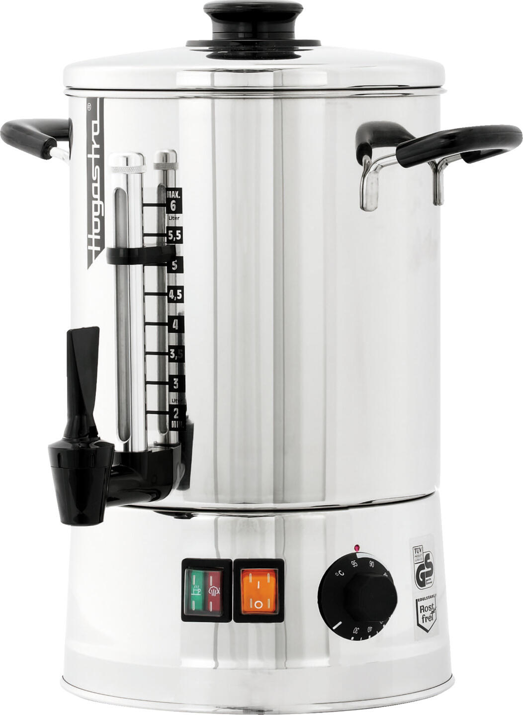 Hogastra Hogastra GmbH Hot water machine HWT-6 Heißwasserautomat HWT-6 Hot water machine HWT-6; 6 l, 41x22 cm (HxØ); silver Heißwasserautomat HWT-6; 6 l, 41x22 cm (HxØ); silber High-performance hot water machine made of 18/10 stainless steel. Can provide up to 15 liters of water per hour. Heat-up time approx. 20 minutes. A practical tap allows cups or jugs to be filled quickly. A sight glass indicates the amount of water left. Power: 2000 watts, capacity 2 - 6 liters, illuminated on/off switch, indicator light: heating phase red or holding phase green. With manually adjustable temperature control, stainless steel underfloor heating for temperatures between 30 °C and 95 °C. Hochleistungsfähiger Heißwasserautomat aus Edelstahl 18/10, rostfrei. Kann bis 15 Liter Wasser pro Stunde bereitstellen. Aufheizzeit ca. 20 Minuten. Durch praktischen Zapfhahn können Tassen oder im Schnelldurchlauf Kannen gefüllt werden. Ein Schauglas informiert über die noch vorhandene Wassermenge. Leistung: 2000 Watt, Fassungsvermögen 2 - 6 Liter, beleuchteter Ein/Aus-Schalter, Kontrollleuchte: Heizphase rot oder Heißhaltephase grün. Mit manuell einstellbarem Temperaturregler, Edelstahl-Unterbodenheizung für Temperatur zwischen 30 °C und 95 °C.