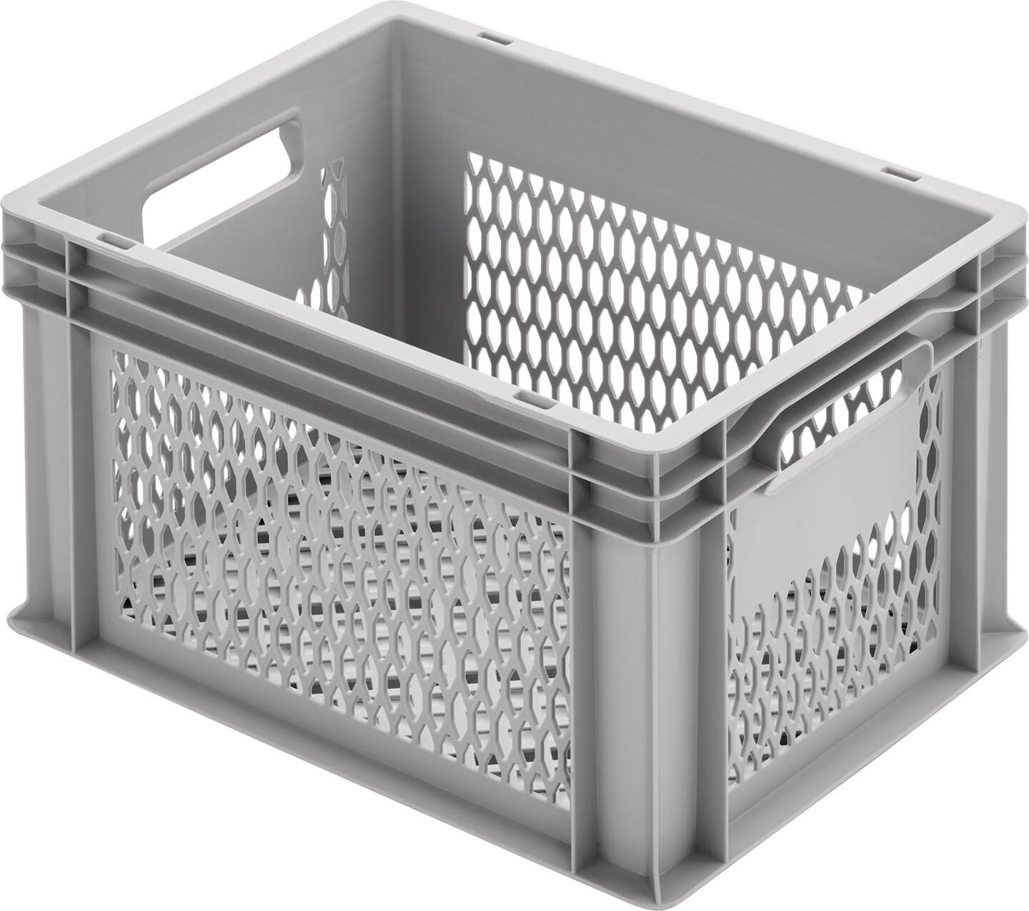 Ringoplast Ringoplast Leubsdorf GmbH Stacking container perforated base and sides Stapelbehälter Boden und Seiten durchbrochen Stacking container perforated base and sides; 40x30x24 cm (LxWxH); grey Stapelbehälter Boden und Seiten durchbrochen; 40x30x24 cm (LxBxH); grau Robust polypropylene stacking container with 2 recessed grips. The sides and base are perforated. Ideal for the safe transportation and storage of crockery or food. Stackable with a max. stacking load of 70 kg, max. load capacity of a container of 9 kg. Order matching hinged lid with lock for stacking containers at the same time. Robuster Stapelbehälter aus Polypropylen mit 2 Griffmulden. Seiten und Boden sind durchbrochen. Ideal für den sicheren Transport und Lagerung von Geschirr oder Lebensmitteln. Stapelbar mit einer max. Stapellast von 70 kg, max. Traglast eines Behälters von 9 kg. Passenden Scharnierdeckel mit Verschluss für Stapelbehälter gleich mitbestellen.