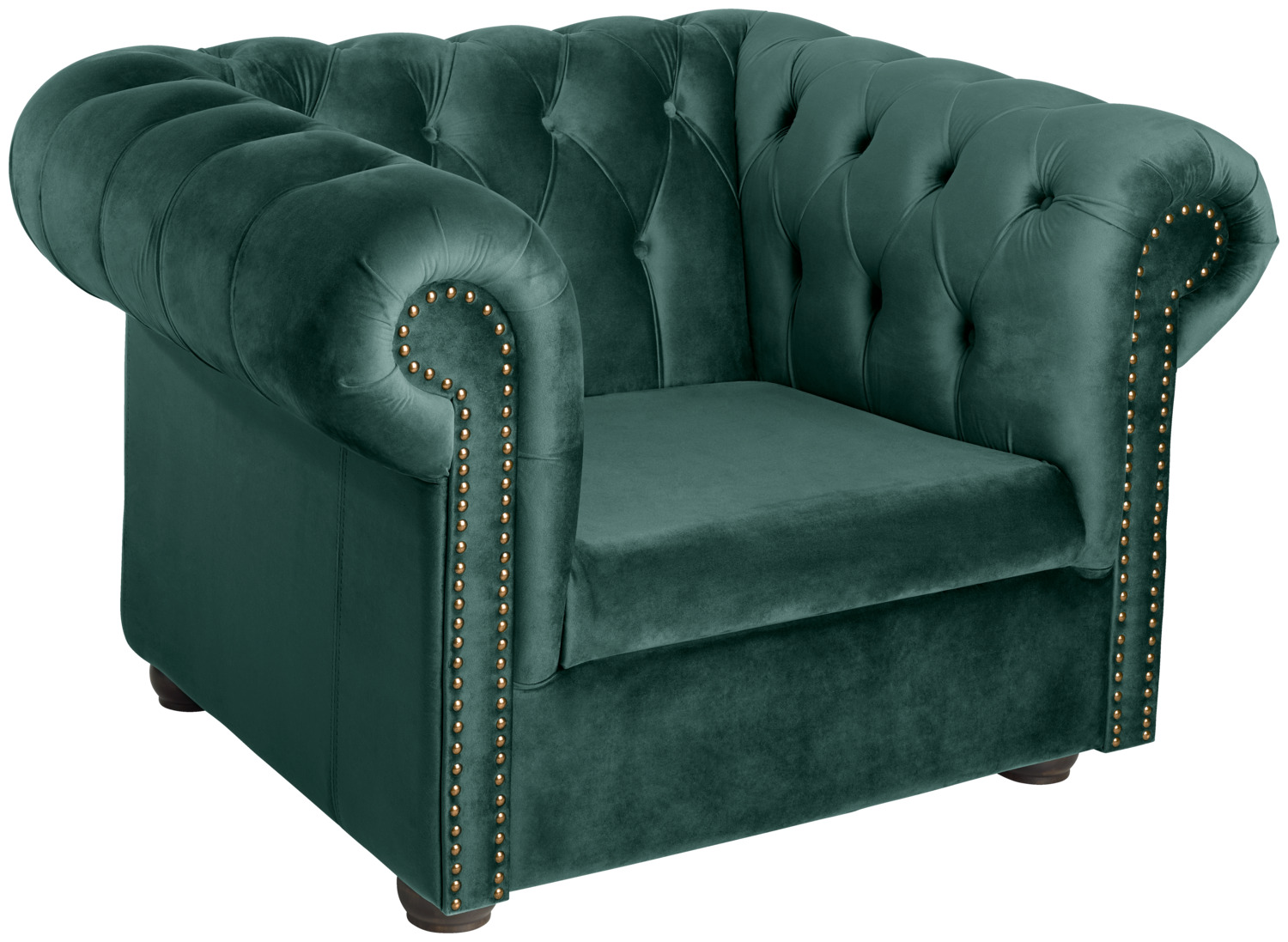 VEGA LUSINI Solutions GmbH Armchair Chesterfield velvet incl. feet Sessel Chesterfield Samtstoff inkl. Füßen Armchair Chesterfield velvet incl. feet; 114x97x72.5 cm (WxDxH); seat fir-green, base brown Sessel Chesterfield Samtstoff inkl. Füßen; 114x97x72.5 cm (BxTxH); Sitz tannengrün, Gestell braun Classic armchair made of velvet fabric (100% polyester) with handmade button pulls and wooden legs made of beech wood. Generous seat and a rivet decoration on the front. High seating comfort due to the high quality upholstery. Fire retardant cover. Plastic glides included. Only suitable for indoor use. Please order matching sofa at the same time. Klassischer Sessel aus Samtstoff (100 % Polyester) mit handgefertigten Knopfeinzügen und Holzbeinen aus Buchenholz. Großzügige Sitzfläche und eine Nietenverzierung an der Vorderseite. Hoher Sitzkomfort durch die hochwertige Polsterung. Feuerhemmender Bezug. Inklusive Kunststoffgleiter. Nur für den Innenbereich geeignet. Passendes Sofa gleich mitbestellen.